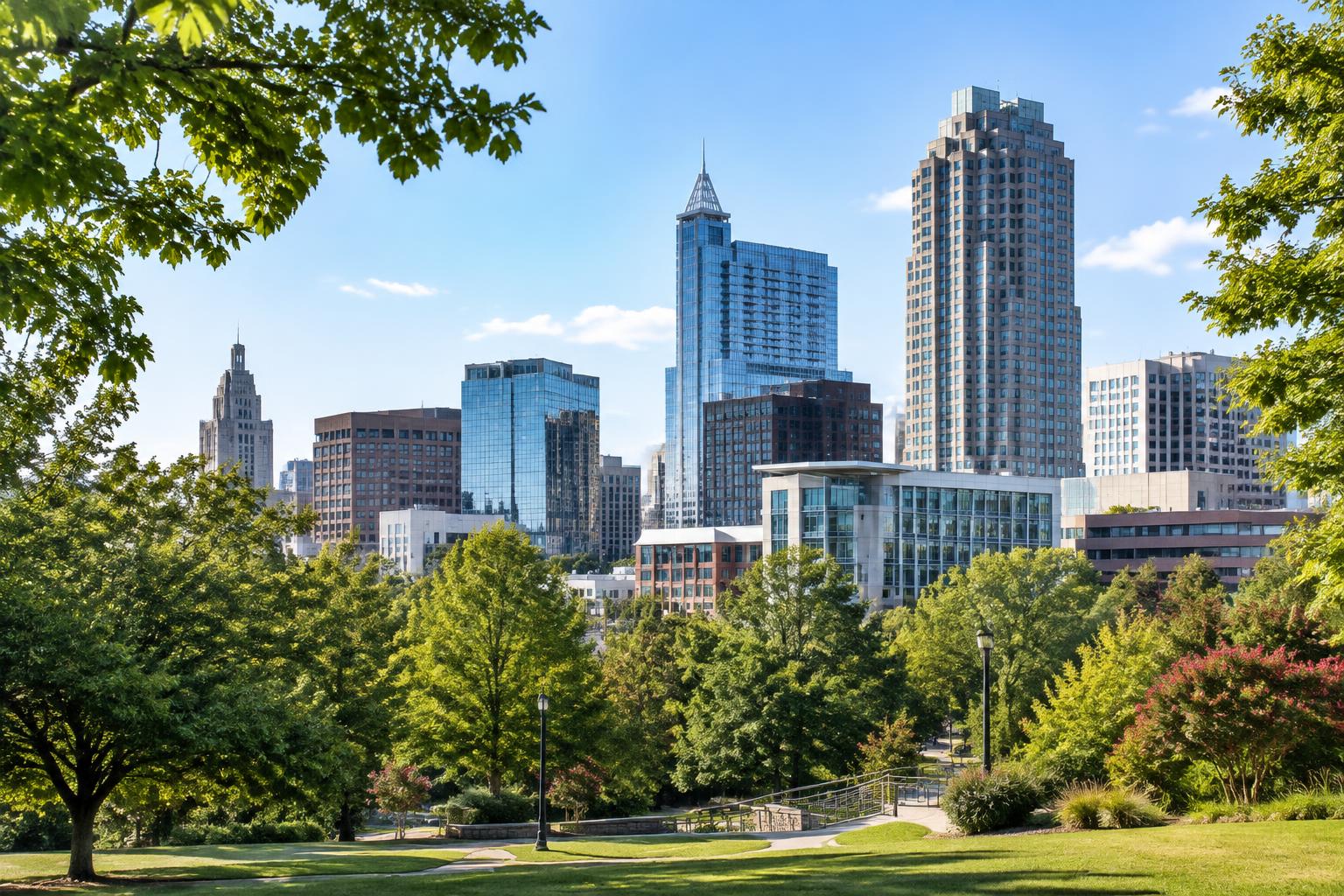Illustration of the Raleigh skyline from a green city park